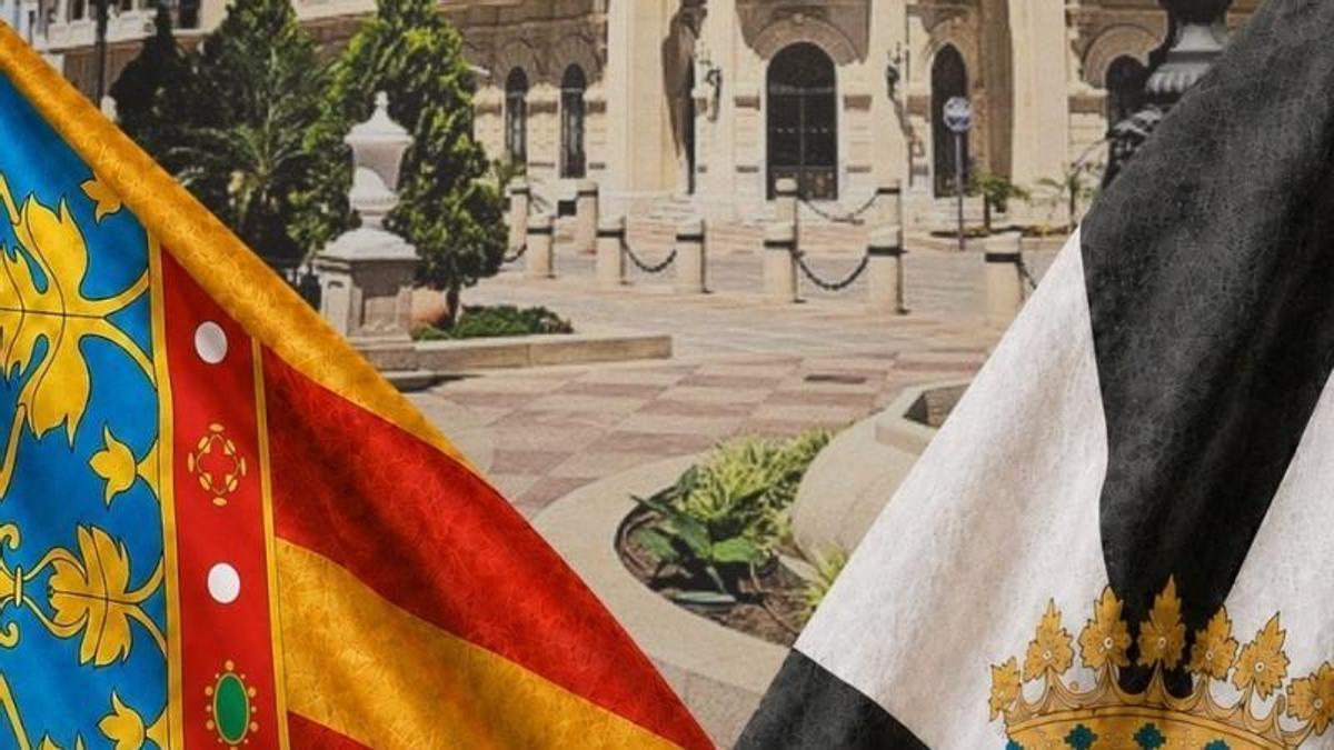 Imágen que representa el apoyo de València a Ceuta, que muestra las dos banderas juntas