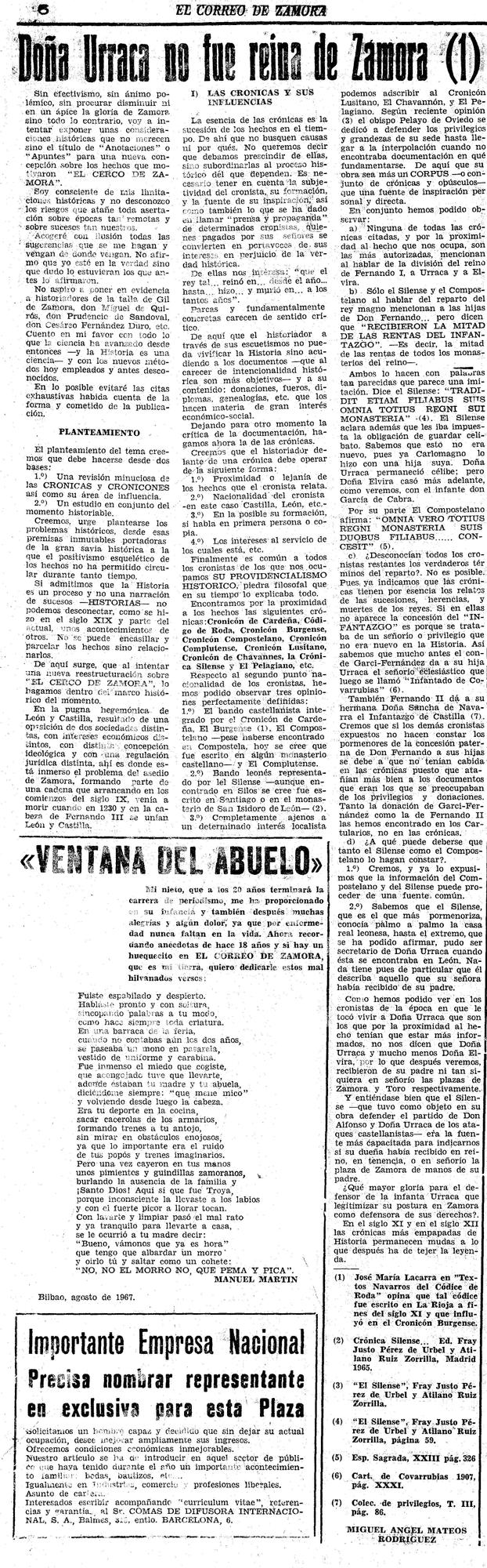 Novena entrega de Doña Urraca no fue Reina de Zamora. “El Correo de Zamora”, 7 de enero de 1968
