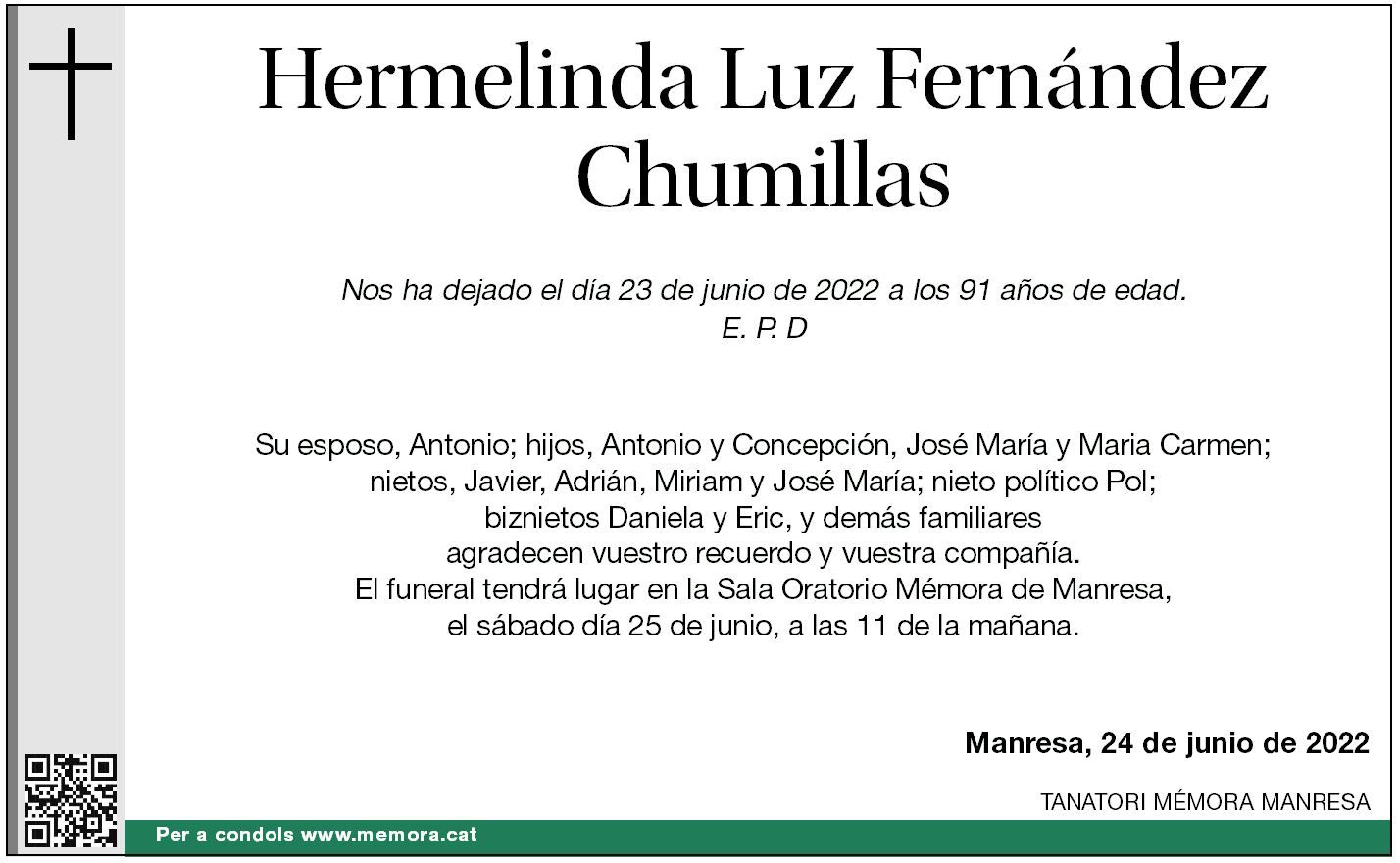 Esquela Hermelinda Luz Fernández Chumillas