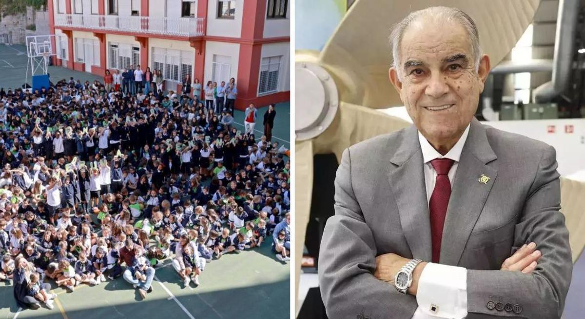 Alumnos en el patio del Colegio Carmelitas de Vigo y José García Costas