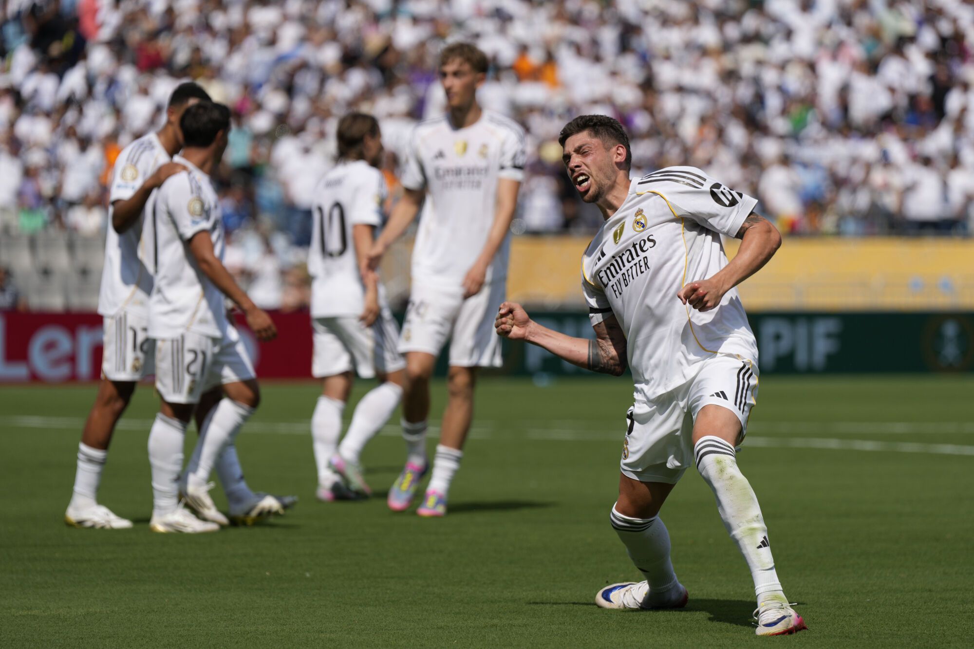 Real Madrid's Federico Valverde celebrates after scoring his side's third goal against Pachuca during the Club World Cup Group H soccer match between Real Madrid and CF Pachuca in Charlotte, N.C., Sunday, June 22, 2025. (AP Photo/Chris Carlson)