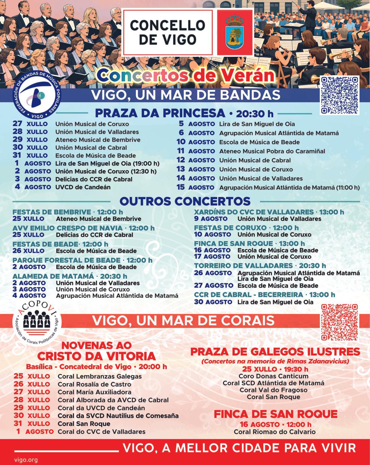 Conciertos estivales de bandas de música y corales.
