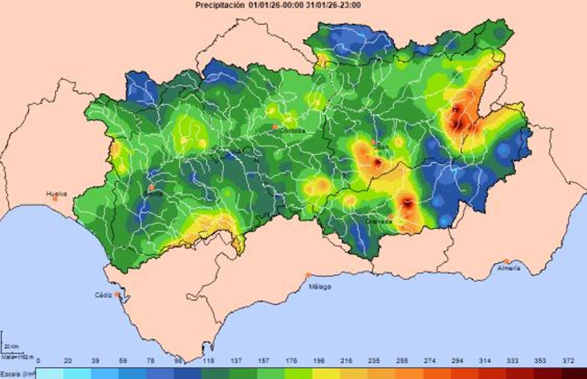 Mapa de las precipitaciones de enero en Andalucía.