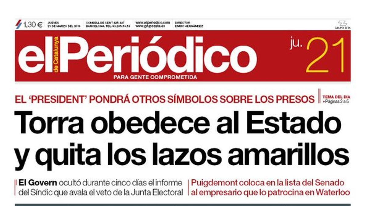 La portada de EL PERIÓDICO del 21 de marzo del 2019