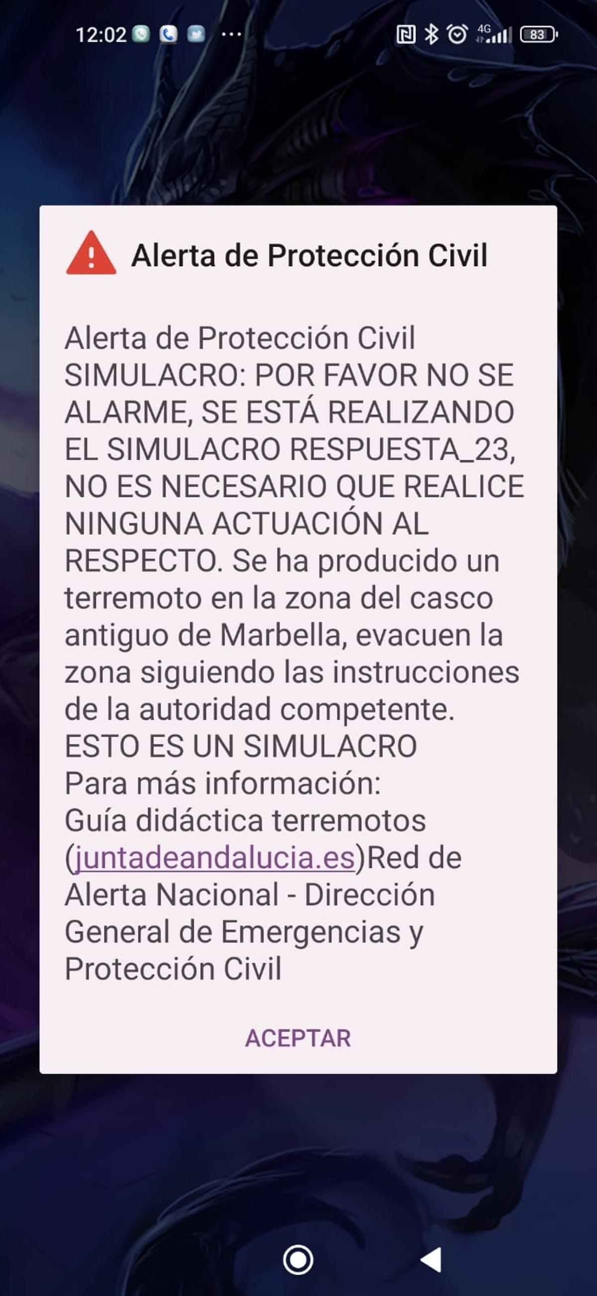 Sistema de avisos. El mensaje enviado a los móviles en el simulacro sistema de avisos