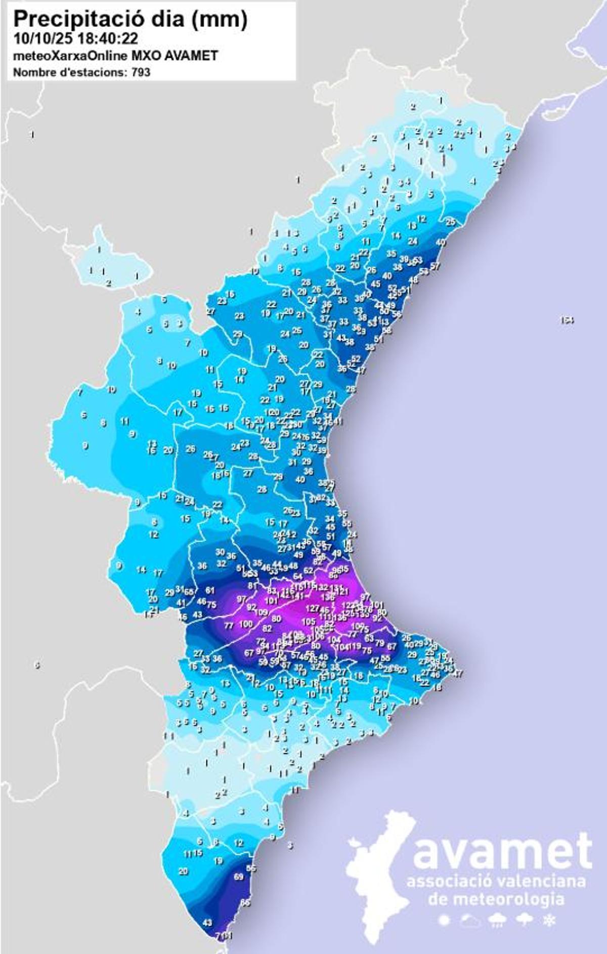 Precipitación acumulada ayer viernes en la Comunitat Valenciana.