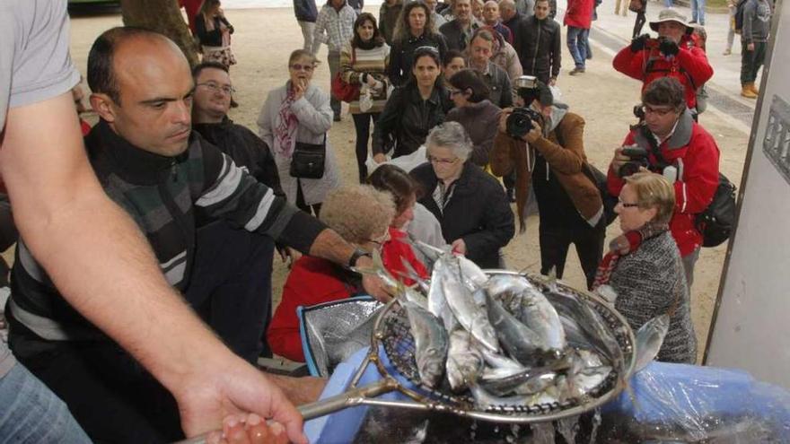 Varios cerqueros reparten jurel en la Alameda de Santiago.