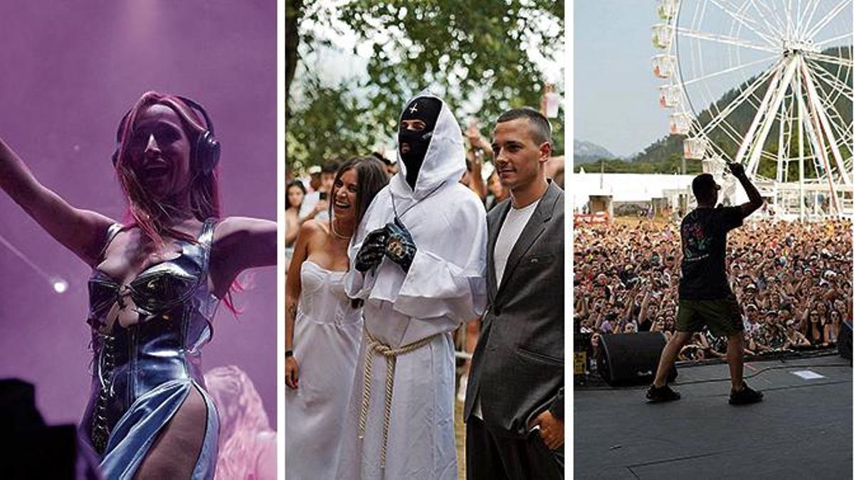 De izquierda a derecha, Belén Aguilera, CeciArmy en la boda que ofició en pleno festival, Dollar Selmouni y Rels B.