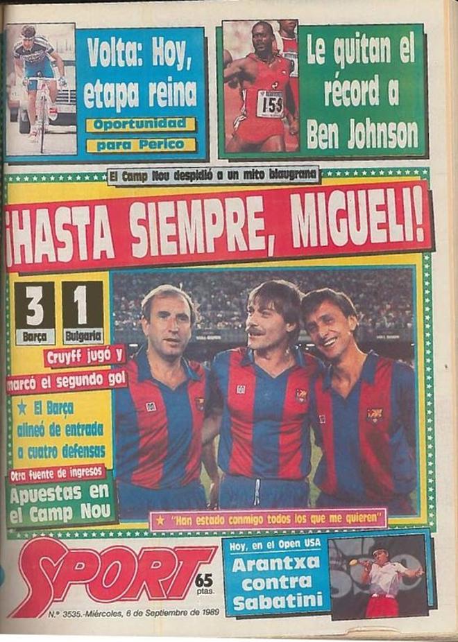 1989 - Migueli se despide del Barça en un partido ante Bulgaria, junto a Cruyff y Rexach