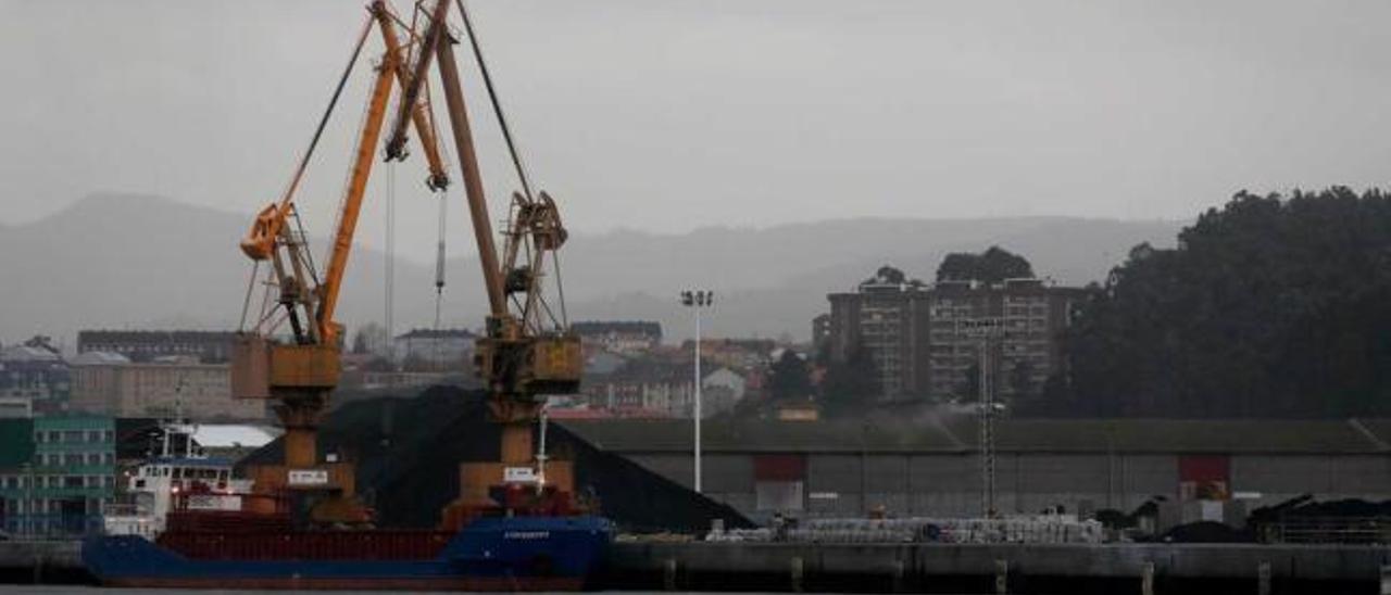 Pilas de carbón en el muelle de Raíces, en el puerto de Avilés.