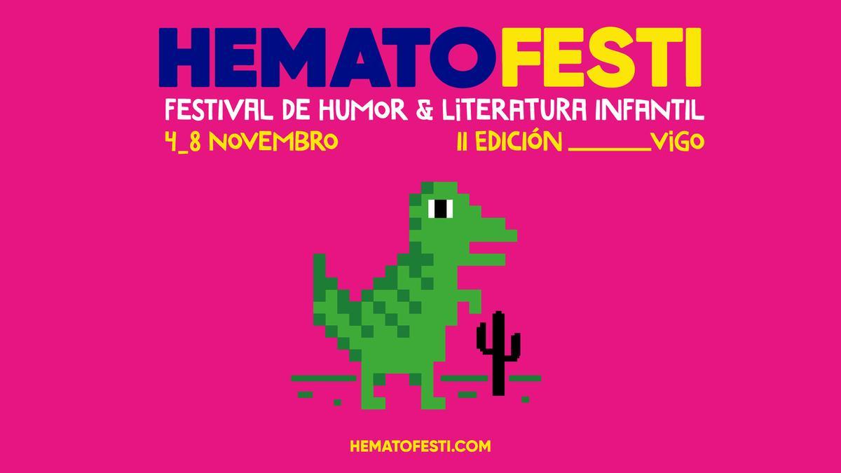 O dinosaurio pixelado, mascota desta edición do HematoFesti.