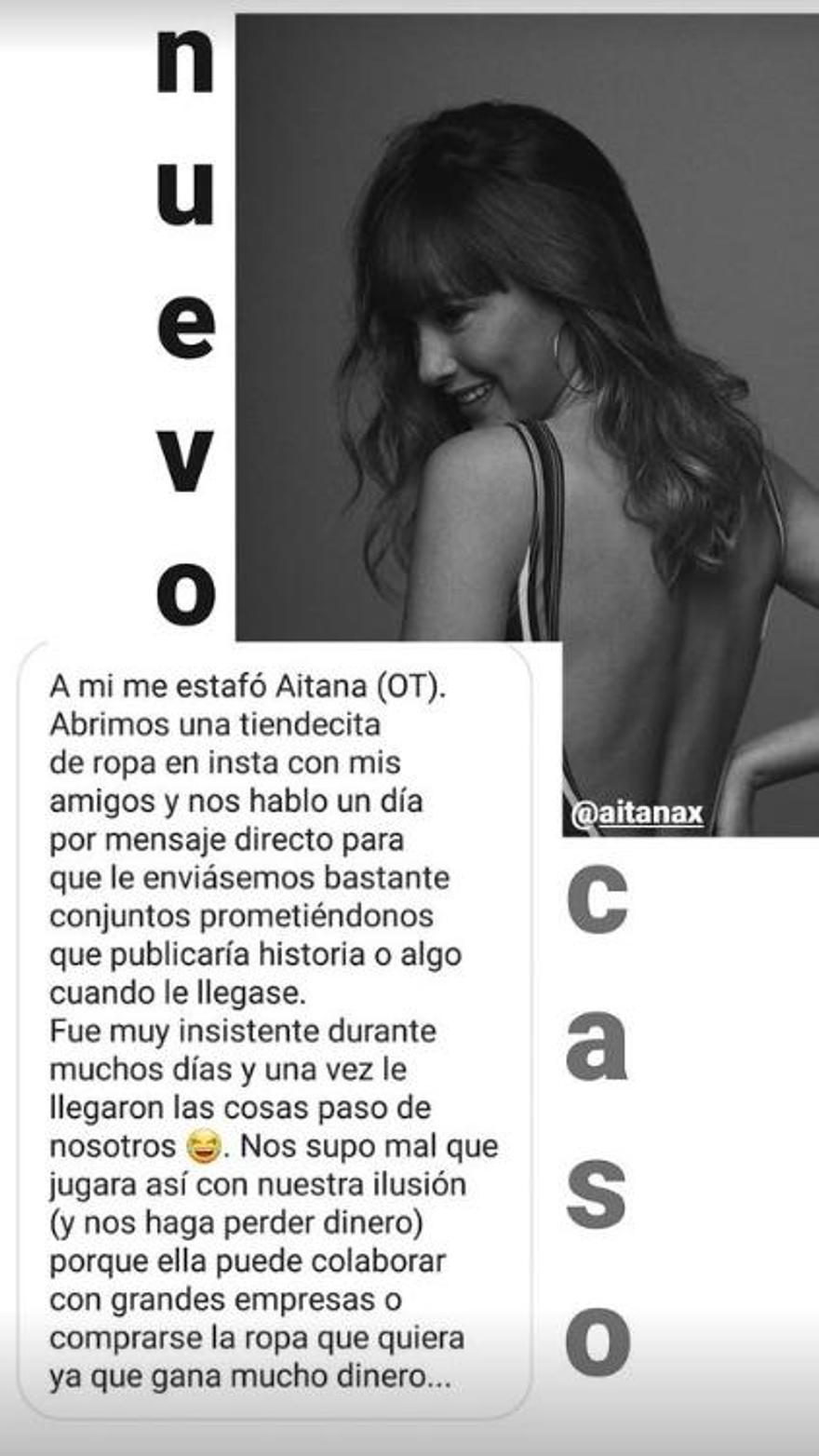 Captura del Instagram @bellezareal en la que una seguidora cuenta su mala experiencia comercial con la cantante, Aitana Ocaña.