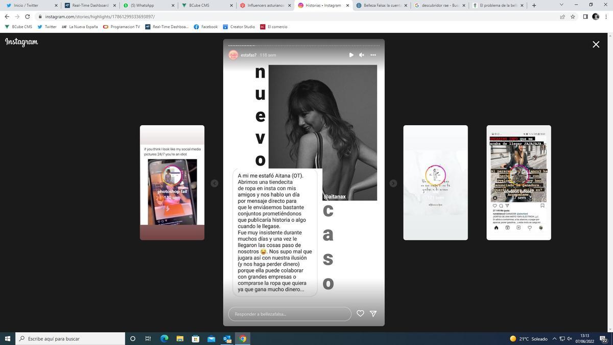 Captura del Instagram @bellezareal en la que una seguidora cuenta su mala experiencia comercial con la cantante, Aitana Ocaña.