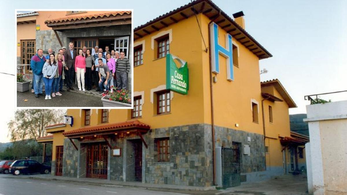 Imagen exterior de Casa Fernando y en el recuadro el posado de la Familia Real con los trabajadores