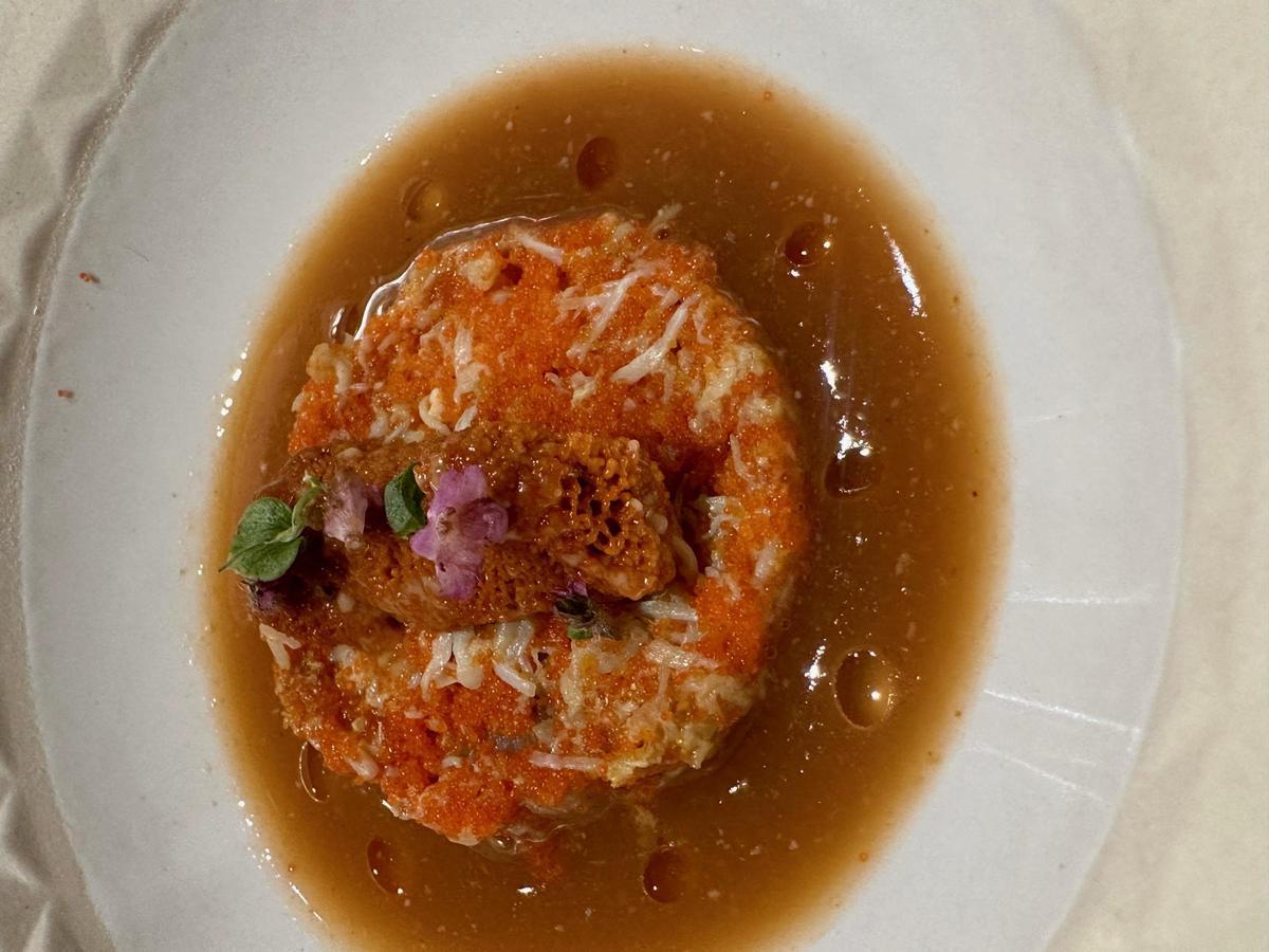 Crema de cigala con sashimi de vieira carne de centolla y erizo de mar