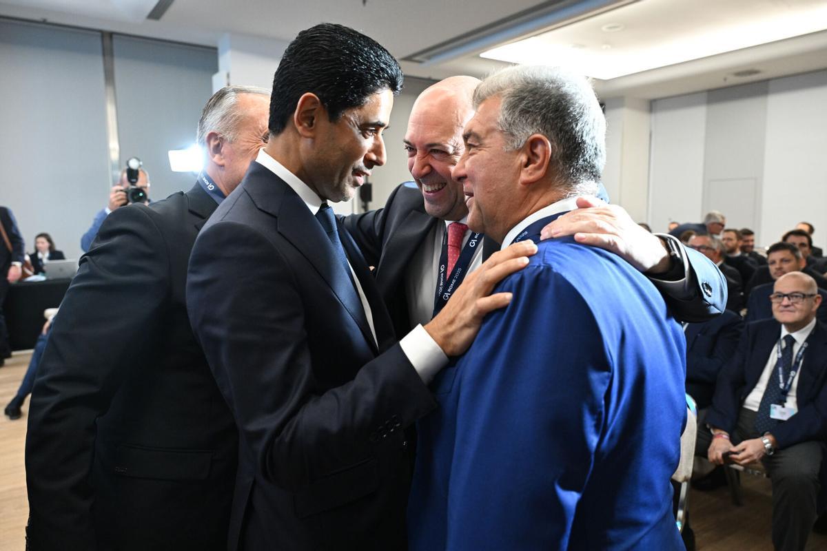 Nasser Al-khelaifi, prescidente de la EFC, junto a Joan Laporta, el impulsor del acuerdo