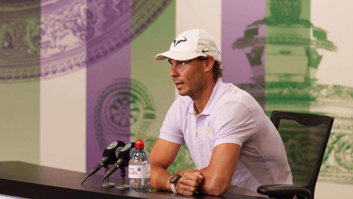Spanish tennis player Rafael Nadal attends a press conference to announce his withdrawal due to injury from men's singles semi final match of the 2022 Wimbledon Grand Slam tournament at the All England Lawn Tennis and Croquet Club