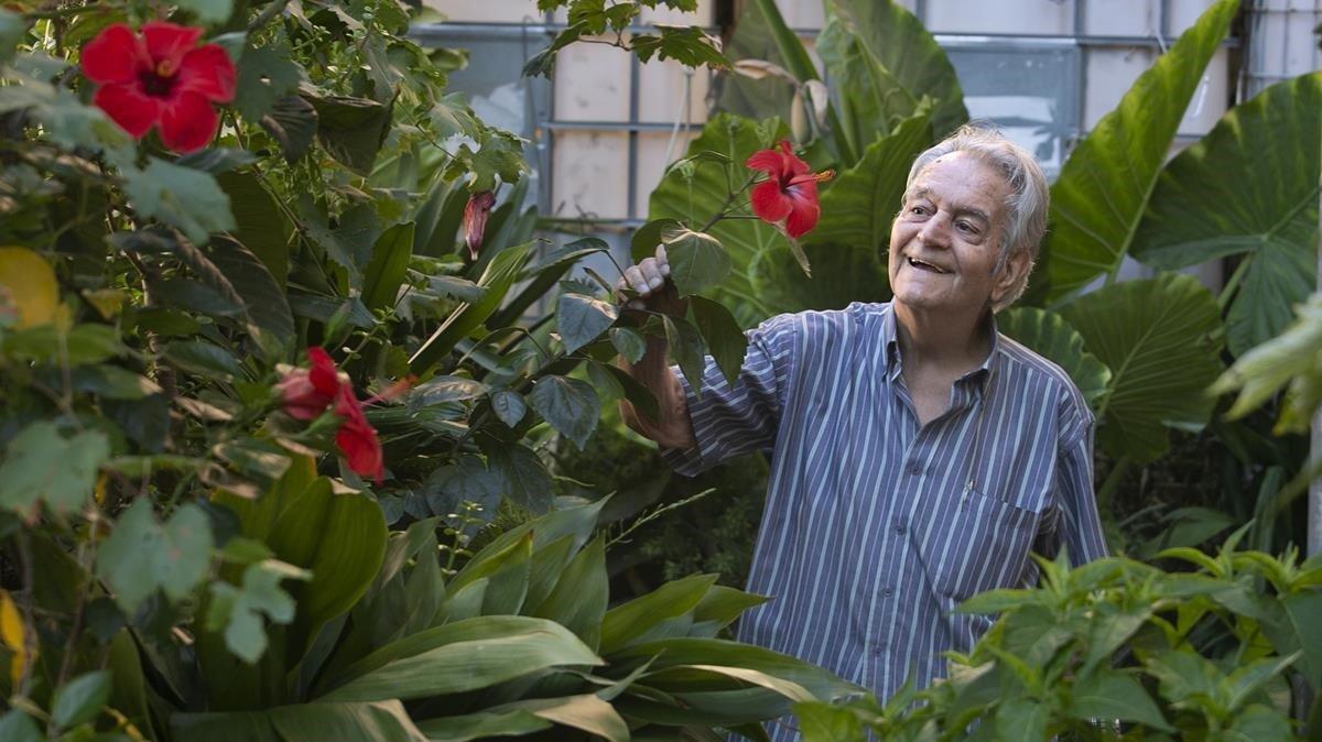Joan Carulla, en el selvático jardín de su casa.