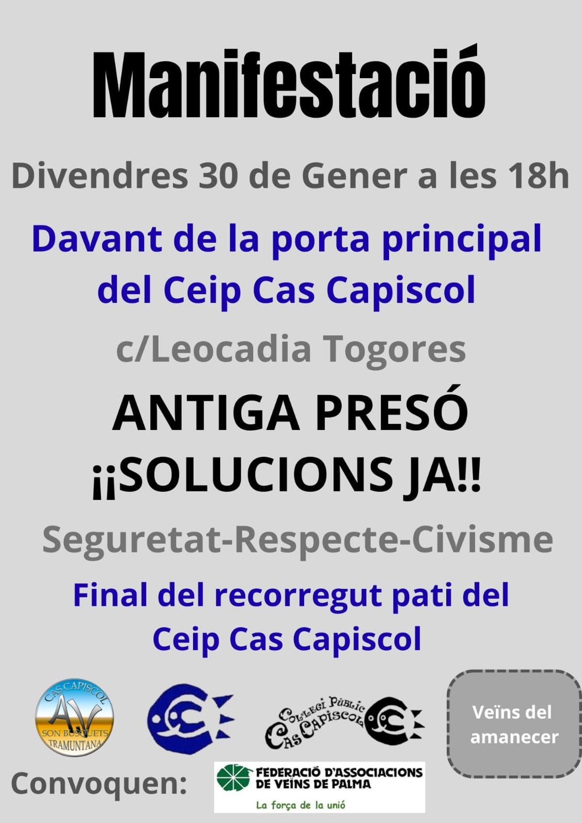 Cartel de la manifestación del día 30 en Cas Capiscol.