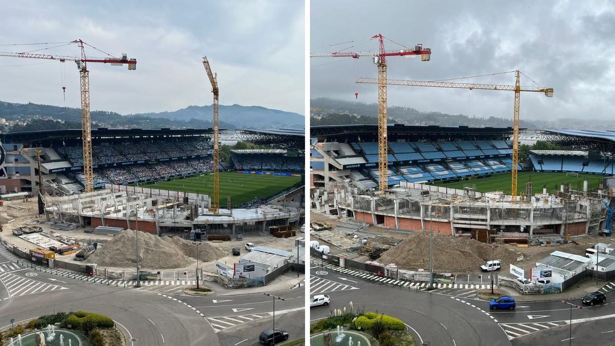 Evolución de las obras de la grada de Marcador desde el partido entre el Celta y el Alavés del 7 de mayo, al 21 de junio.