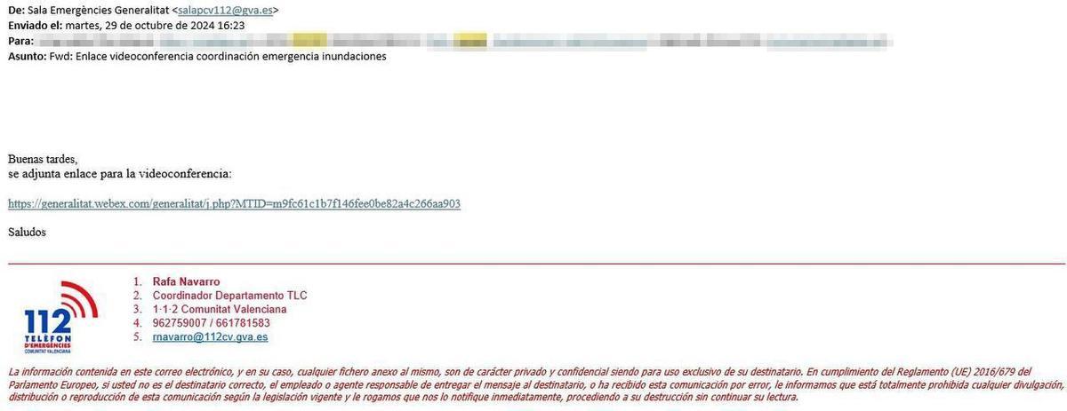 Correo remitido por Emergencias de la Generalitat a la delegada del Gobierno con el enlace para unirse por videoconferencia a la reunión del Cecopi.