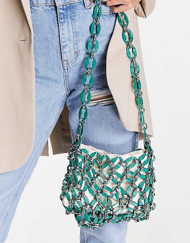 Bolso de hombro verde con cadena de tejido acrílico de Topshop