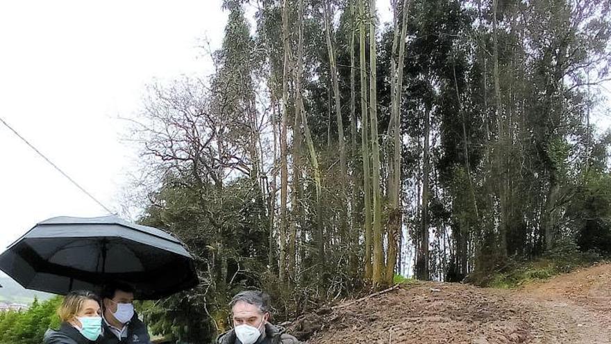 Por la izquierda, Sandra Cuesta, Alberto G. Mangas y Fernando Prendes, ayer, junto a la obra concluida en La Poledura. | E. S. R.