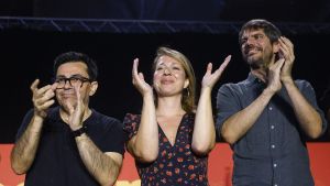 Gerardo Pisarello, Janet Sanz y Ernest Urtasun, en el congreso de Barcelona en Comú el pasado fin de semana