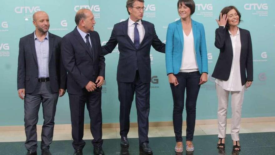 Ana Pontón, Feijóo, Leiceaga y Luís Villares, antes del debate electoral de septiembre de 2016.