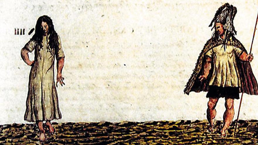 Los indígenas de Gran Canaria, según ilustración de Leonardo Torriani (1592).