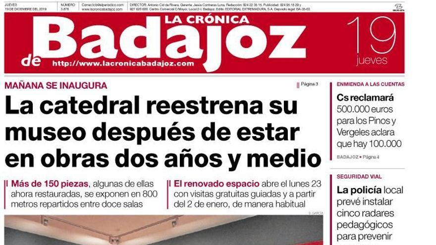 Esta es la portada de LA CRÓNICA DE BADAJOZ correspondiente al día 19 de diciembre del 2019