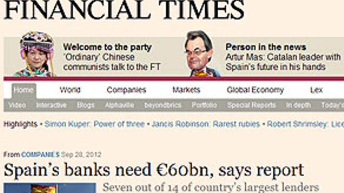 Portada de la web del 'Financial Times' este sábado.