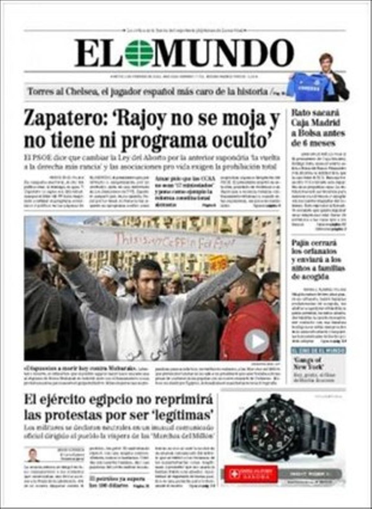 ’El Mundo’ destaca també a dins que el Tribunal Superior de Justícia de la Comunitat Valenciana decidirà dilluns si accepta o no més proves i dilata així el judici a Francisco Camps, que l’abandonament escolar s’ha desbocat a Espanya, que els gossos poden detectar el càncer de còlon, que almenys sis fons de capital risc estudien entrar en el capital de les caixes i que els actius tòxics d’aquestes superen els 87.000 milions.