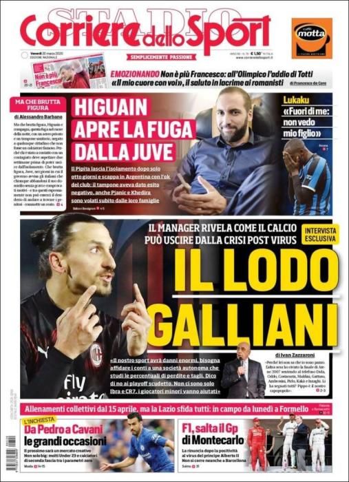 Portada CORRIERE DELLO SPORT viernes 20 marzo 2020