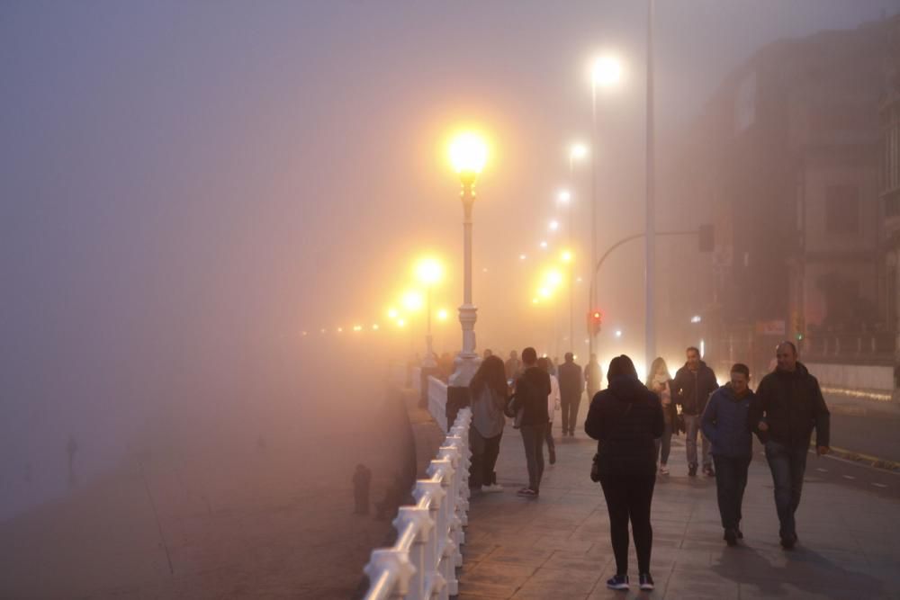 Visibilidad nula en el paseo del Muro en Gijón por la niebla