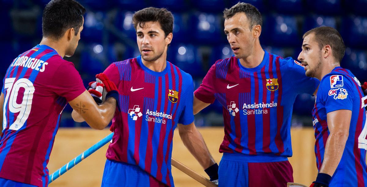 Los jugadores del FC Barcelona de hockey patines en el Palau