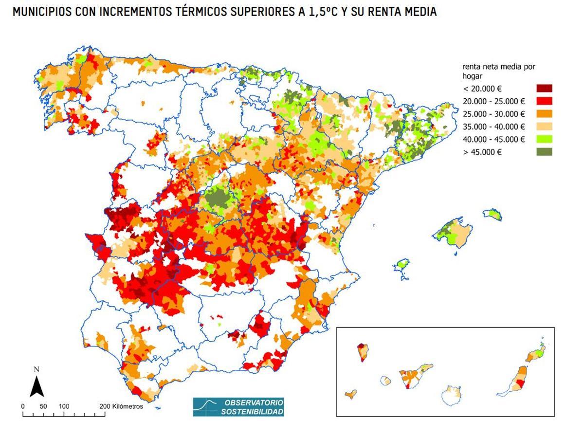 Mapa que muestra la relación entre los incrementos de temperatura de más de 1,5 grados y la renta media