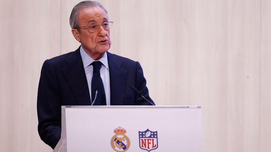 Florentino Pérez, presidente del Real Madrid, durante la rueda de prensa en la que se presentó el acuerdo para jugar un partido de la NFL en el Santiago Bernabéu.