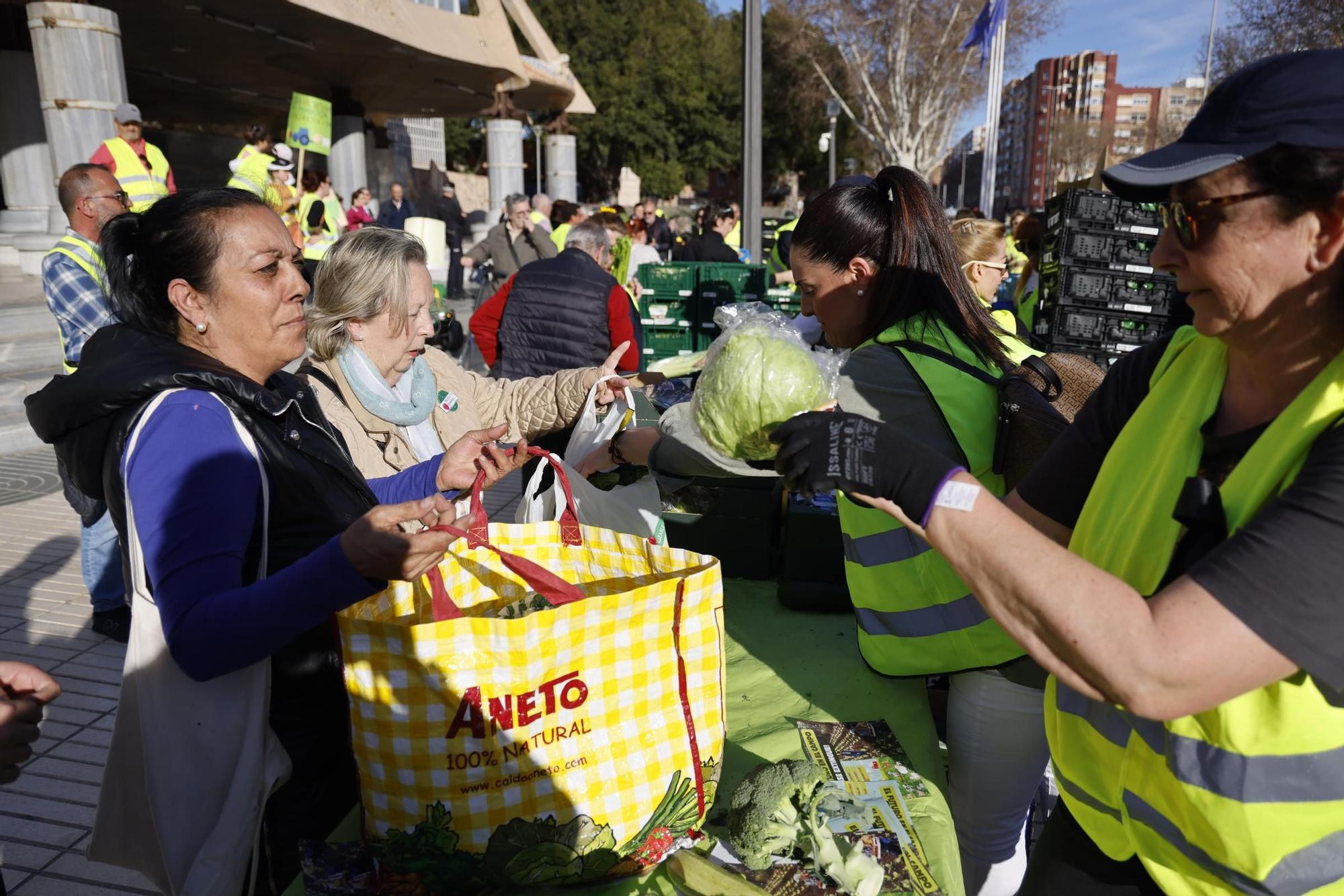 Las imágenes del plante de los agricultores frente a la Asamblea, donde han repartido frutas y hortalizas