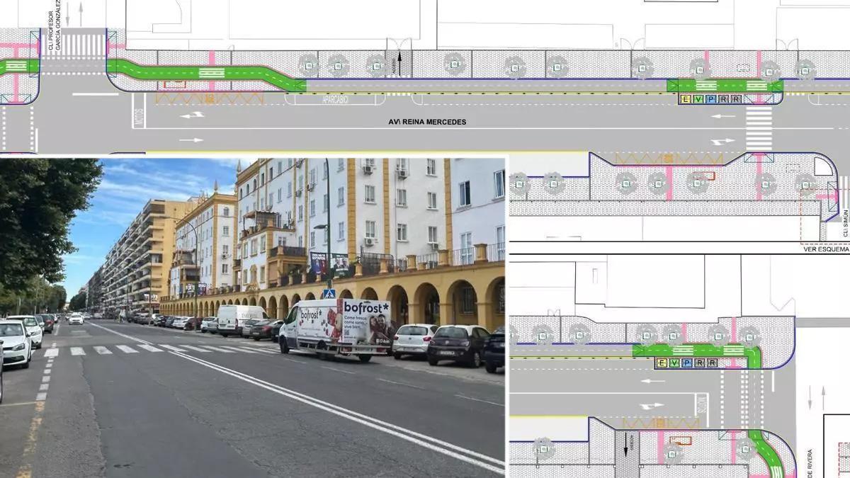 Planos de la transformación de la avenida de la Reina Mercedes con el proyecto de renovación de la red de abastecimiento y saneamiento de Emasesa.
