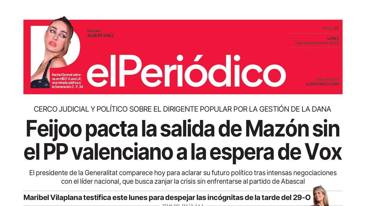 La portada de EL PERIÓDICO del 3 de noviembre de 2025