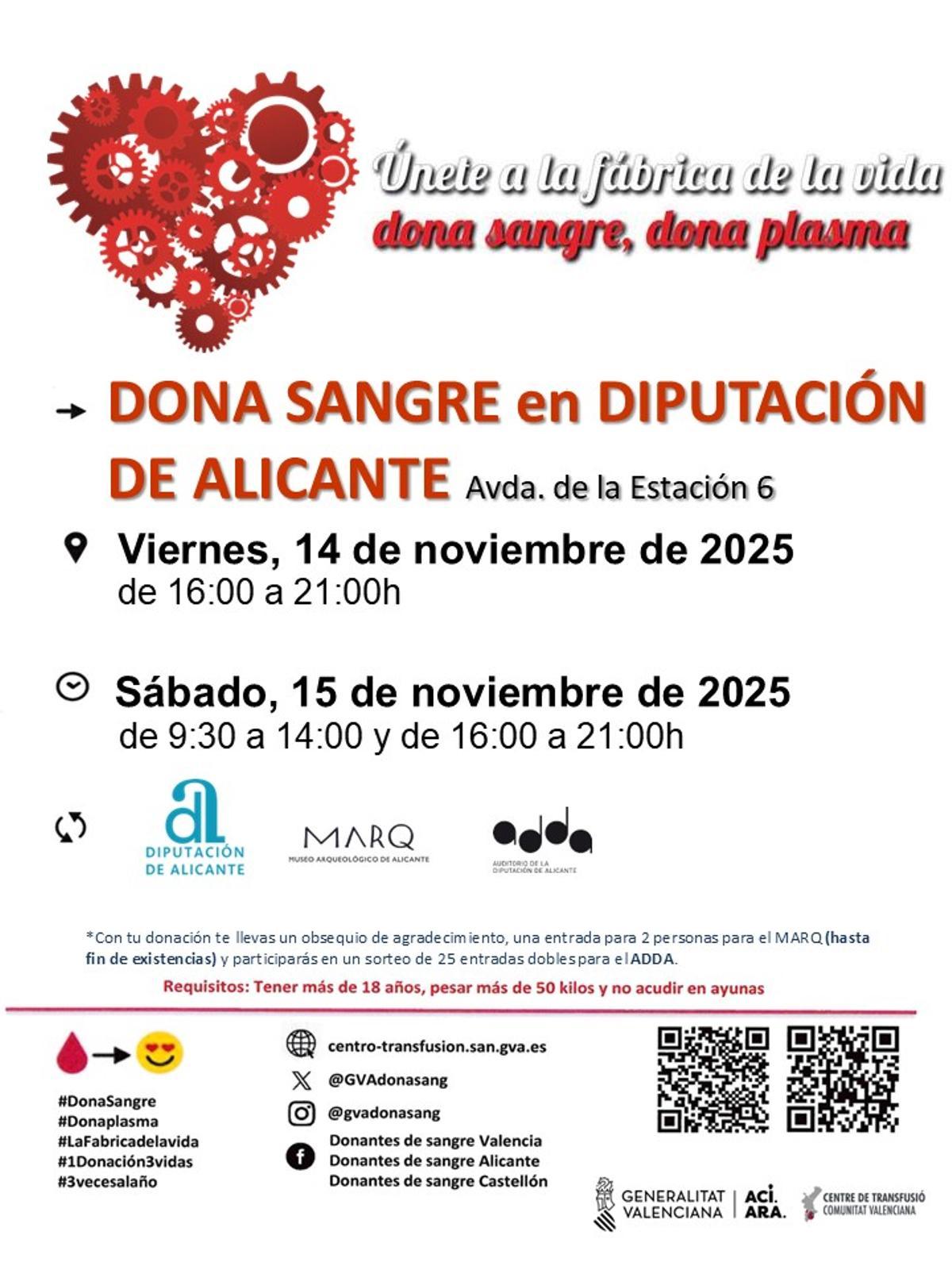 Cartel de la maratón de donación de sangre en la Diputación de Alicante, este viernes y sábado