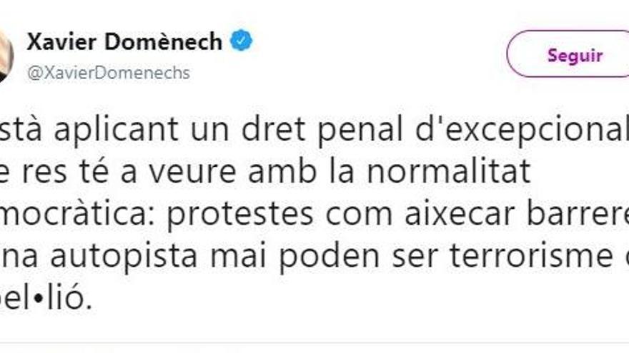 Domènech critica el dret penal «d&#039;excepcionalitat» de l&#039;Estat