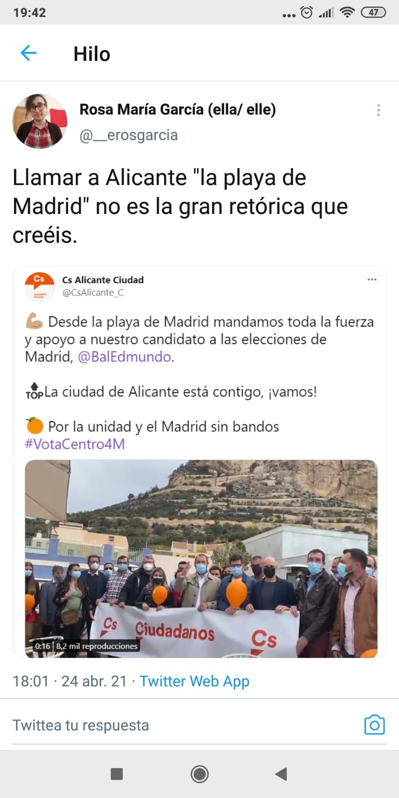 Captura de pantalla del tweet de Ciudadanos en el que se refieren a Alicante como la playa de Madrid