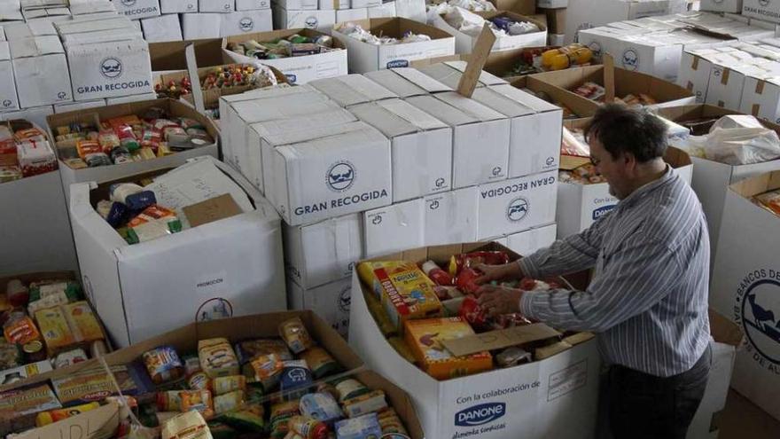 Un voluntario de un banco de alimentos gallego ordena comida para familias con necesidades.