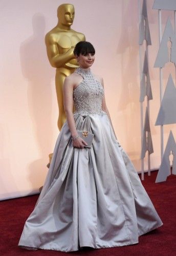 Felicity Jones, best actress nominee for her role in "The Theory of Everything," arrives at the 87th Academy Awards in Hollywood