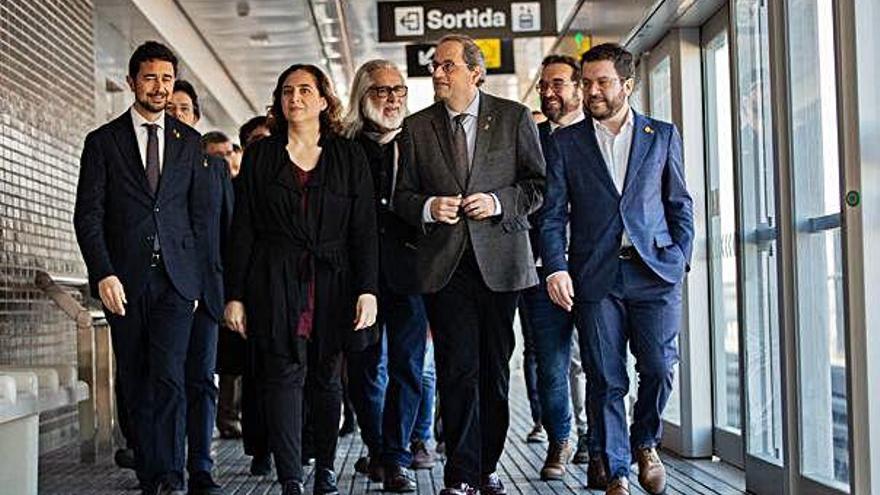 Damià Calvet, Ada Colau, Quim Torra i Pere Aragonès, a la inauguració de l&#039;estació de Zona Franca.