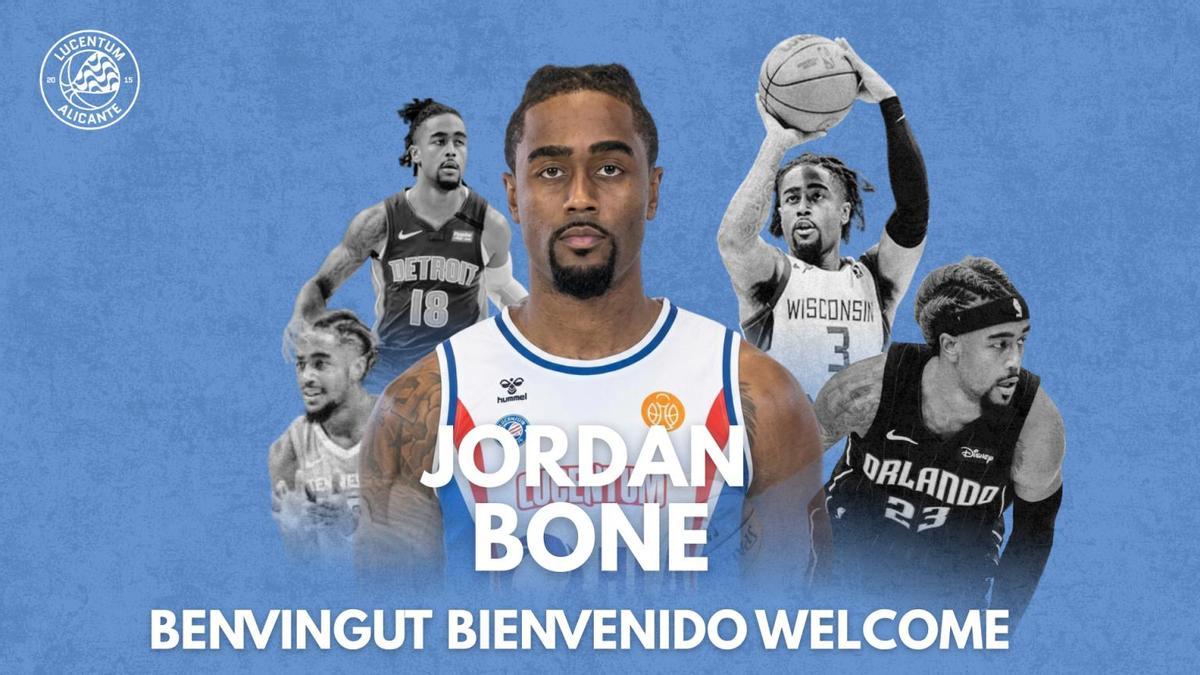 Cartela oficial con el anuncio del fichaje del base Jordan Bone por el HLA Alicante.