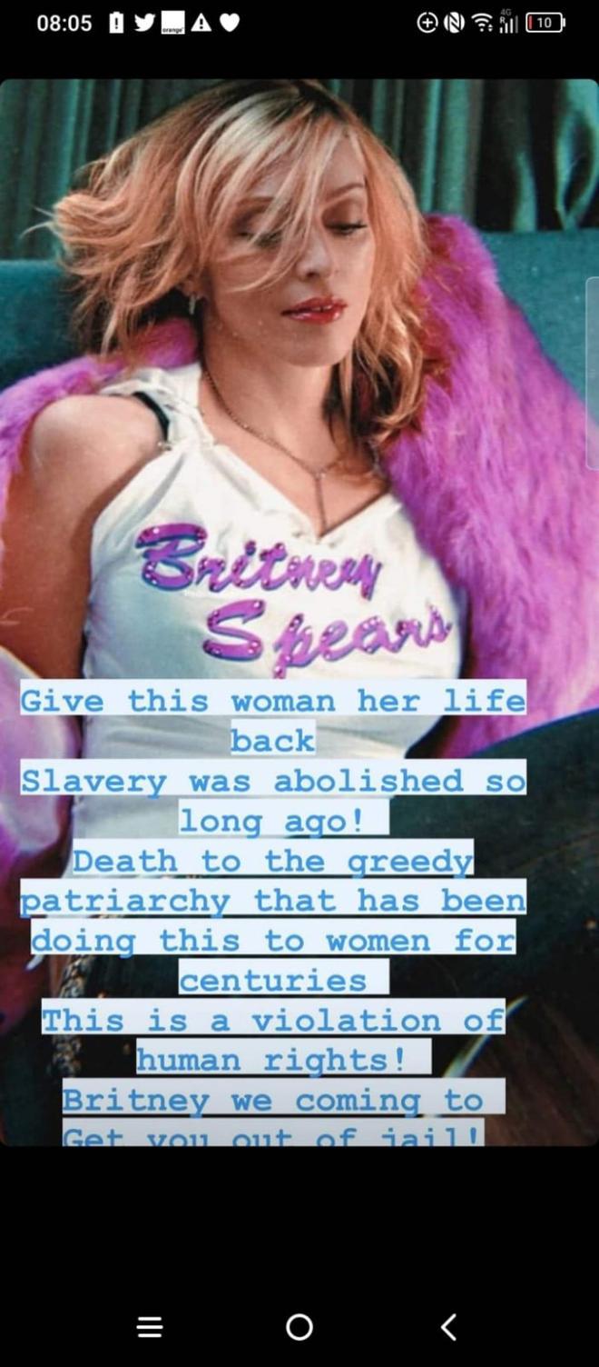 Historia de Instagram en la que Madonna anuncia su apoyo a Britney Spears