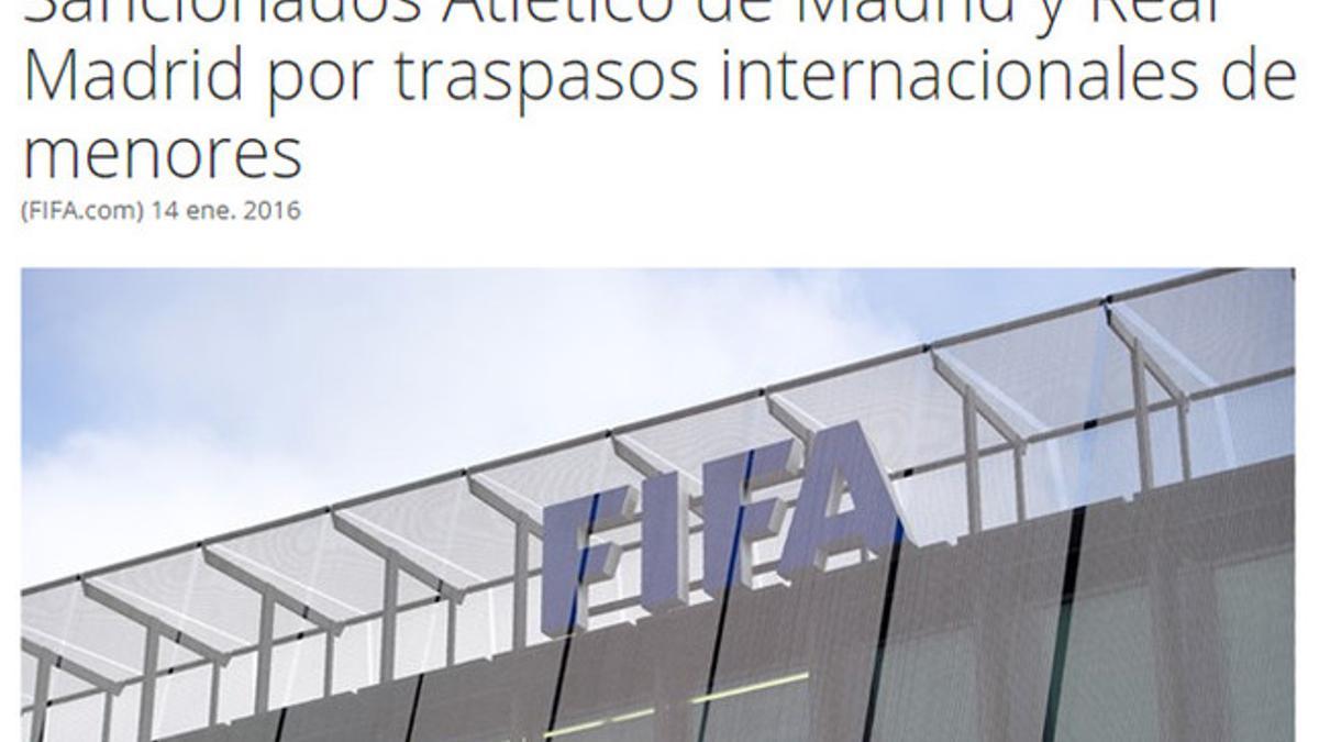 La FIFA ha anunciado este jueves en su página web la sanción al Real Madrid y Atlético de Madrid